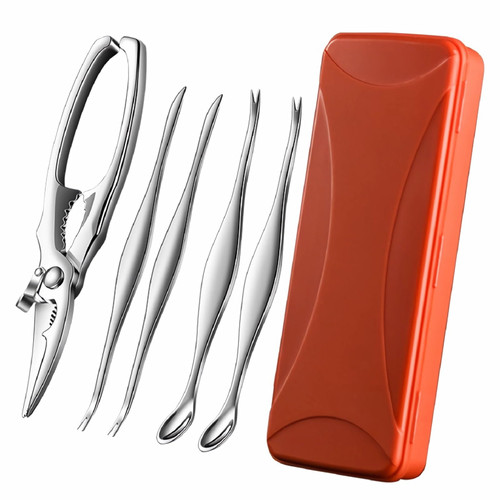 ACCUFINE Crab Crackers and Tools in Case Stainless Steel Set for Party Crab Scissors for Cutting the Shell Lobster Cracker and Tool Set Seafood Scissor Shrimp (silver)