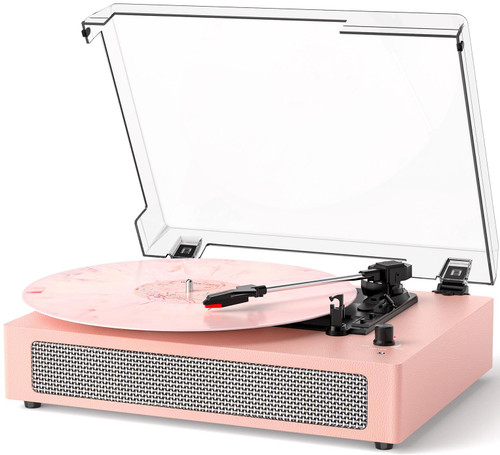 TANLANIN Bluetooth Vinyl Record Player 3-Speed Turntable with Built-in Stereo Speakers, Belt-Drive,RCA Output, AUX in, Auto Stop, Vintage Pink LP Player