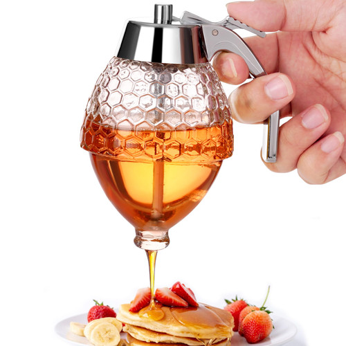 Honey Dispenser, 8oz Honey Dispenser No Drip Glass with Stand, Honey Container & Coffee Syrup Dispenser for Tea Time & Gifting, Elegant Honeycomb Honey Jar - Honey Pot Bottle for Maple Syrup Bee