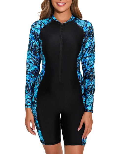 Halcurt Women's Boyleg One Piece Rash Guard with Built in Bra Zip Front UPF50+ Long Sleeve Full Body Surfing Swimsuit Black Green Palm Leaves M