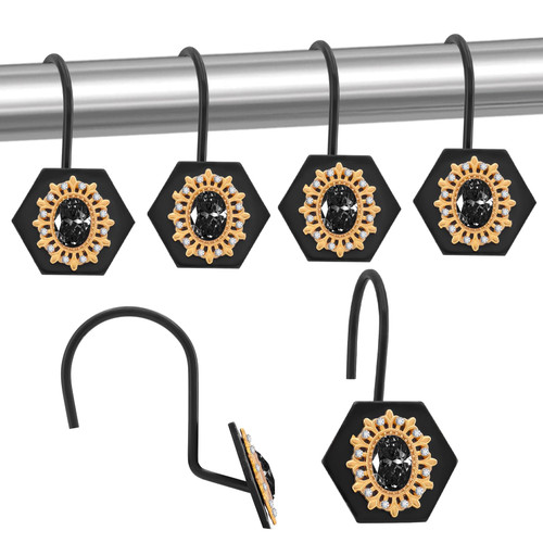 Decorative Shower Curtain Hooks, 12PCS Luxury Diamond Shower Curtain Rings, Modern Bow Shower Curtain Hangers, Metal Shower Hooks for Shower Curtain Rod, Bathroom, Bedroom, Living Room (Black)