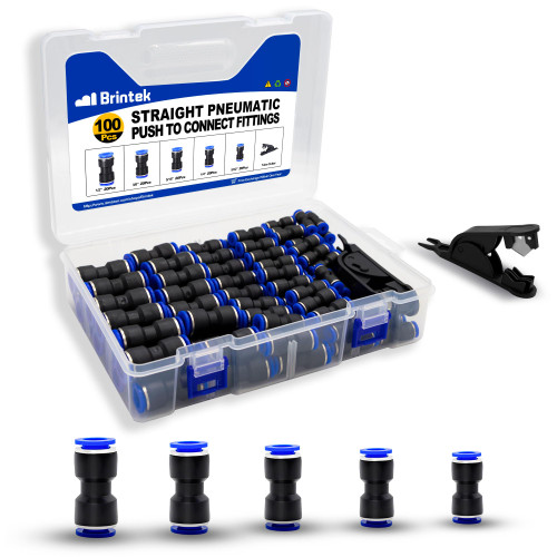 Brintek 100PCS Push to Connect Fittings Pneumatic Air Line 4 6 8 10 12 mm Straight Push to Link Quick Release Connectors with 1PCS Tube Cutter