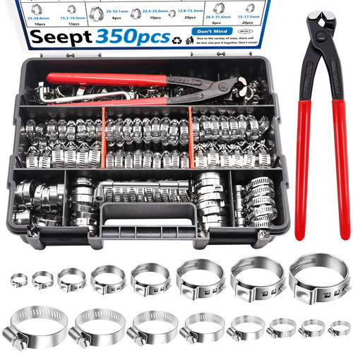 Seept 350Pcs 5.3-51mm Single Ear Hose Clamps with Worm Gear Hose Clamps Assortment Kit Pack in Handheld Box for Auto/Home Appliance/Pipe/Fuel Line