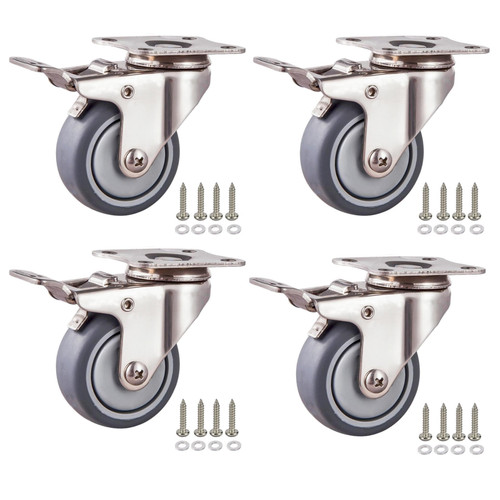 Fixhando 2 Inch Stainless Steel Caster Wheels Set of 4, Anti-Rust Swivel Casters with Brake, Silent and Floor-Friendly Thermoplastic Rubber Wheels for Furnitures,Labs,Hospitals,Restaurants
