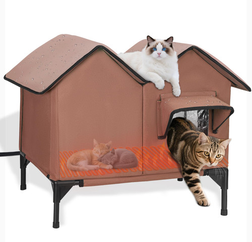 Large Heated Cat House for Outside in Winter, Elevated Insulated Heated Outdoor Cat House Weatherproof with Heating Pad, Waterproof Outdoor Cat Shelter for Multiple Cats Small Dogs (Brown)
