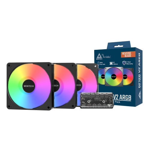 MONTECH GF120R V2 ARGB 120mm Case Fan – Sleek & Minimalist Design, High Airflow, Hydraulic Bearing, Quiet Performance, Vibrant ARGB Lighting,Reverse Blade, 3 in 1 Pack with 6X6 Fan Hub, Black