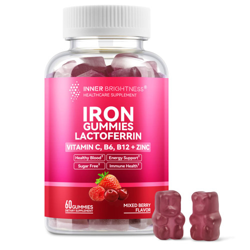 Iron Supplement Gummies with Lactoferrin, Vitamin C, B6, B12 & Zinc – Gentle, Vegan, Sugar-Free – Supports Healthy Blood, Immune Health & Energy – for Women, Men & Kids – Mixed Berry Flavor, 60 Count