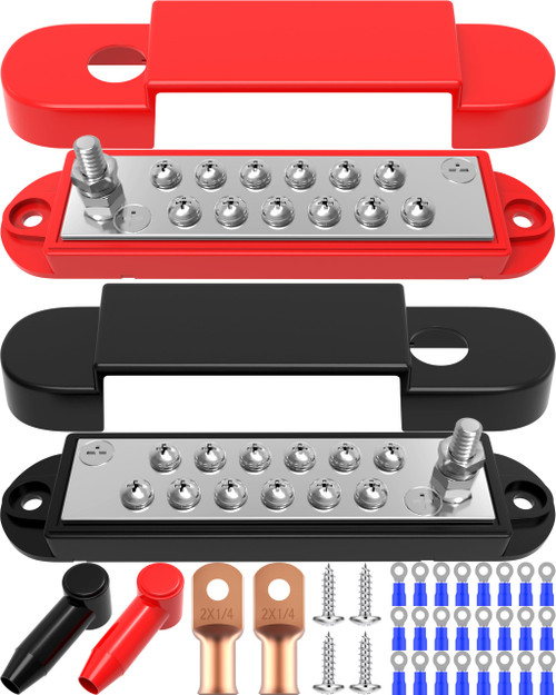 Bus Bar 12V 150A Power Distribution Block: DC Battery Marine Bus Bar Terminal Block with Cover 1/4" Stud 12 × #8 Screws Ground Power Distribution Block for Automotive RV Solar Wiring Boat Accessories