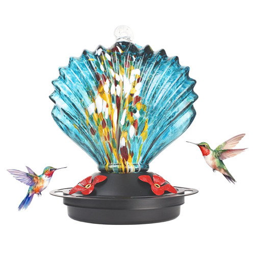 Qweno Seashell Shaped Hummingbird Feeder for Outdoors，Hand Blown Glass Hummingbird Feeders for Outdoors Hanging with 4 Feeding Ports，14 OZ Leak Proof Bird Feeder- Garden Decor Gifts for Women，Blue