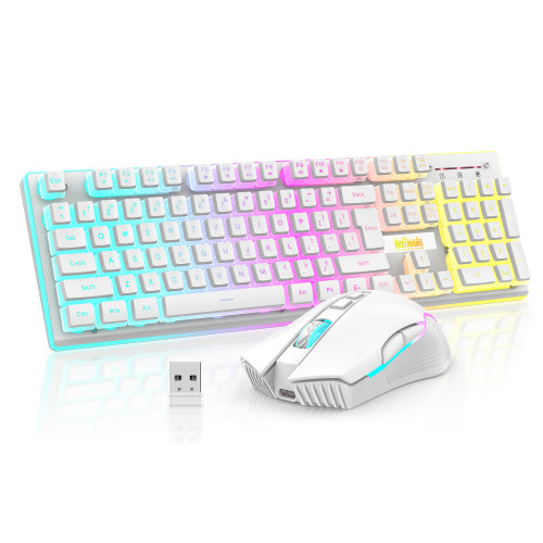 RedThunder K10 Wireless Gaming Keyboard and Mouse Combo, RGB Backlit Rechargeable 3800mAh Battery, Mechanical Feel Anti-ghosting Keyboard + 7D 3200DPI Mice for PC Gamer(White Pudding)