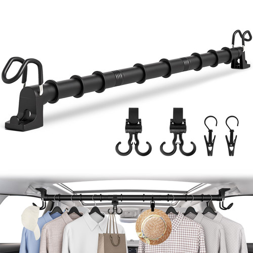 Heavy Duty Car Clothes Hanger Bar 30-64 inches, 4Pcs Additional Accessories, Clothes Rod for Car with Upgraded Hooks, Adjustable Vehicle Clothes Rack for Most Cars Suvs Trucks, Ideal Gift for Travel