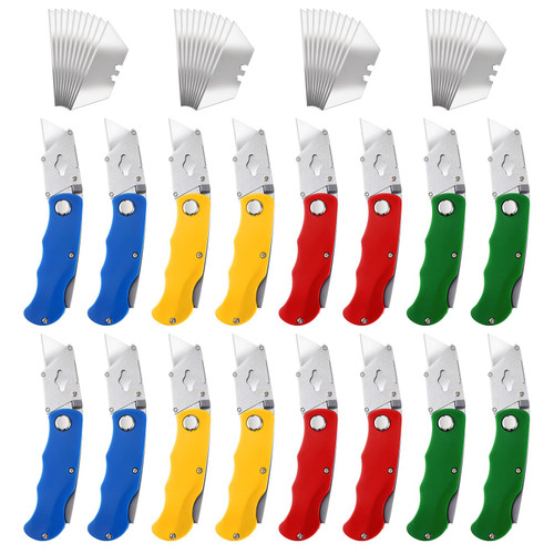 16 Pcs Folding Utility Knife 4 Color Retractable Box Cutter with 40pcs Extra Blades Heavy Duty Utility Knives for Cartons, Cardboard and Boxes