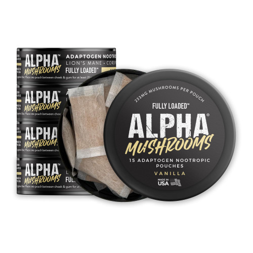Fully Loaded Alpha Mushroom Pouches - Adaptogen Nootropic Pouches (5-Pack, Vanilla) - Lion's Mane, Cordyceps, & Chaga - 5 cans, 15 Pouches per can - Functional Mushrooms - Made in The USA