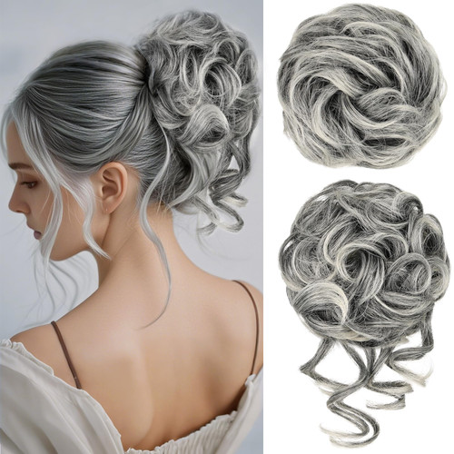 RONTAYA 2PCS Messy Bun Hair Piece Wavy Curly Hair Bun Scrunchies Extensions Elastic Synthetic Chignon Hairpieces for Women Girls Gray and White Tips