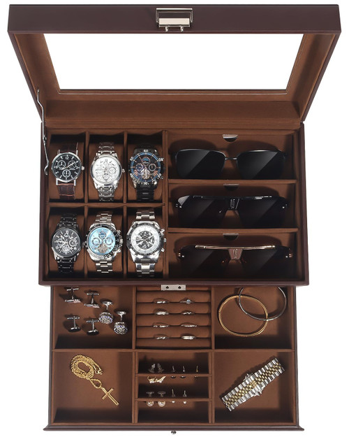 Kukikan Watch Jewelry Box Organizer, 6-Slot 2-Layer Watch Case and Sunglasses Storage with Large Glass Lid, Men's Jewelry Box with Lock, Watch Holder Display Case, Gift for Men Women
