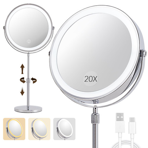 1X/20X Magnifying Makeup Mirror with Lights - 9" Large Dual-Sided Vanity Mirror with 3 Color Lights for Women's Travel Cosmetic Mirror | 3000 mAh-USB Rechargeable | 360° Rotation | Adjustable Height