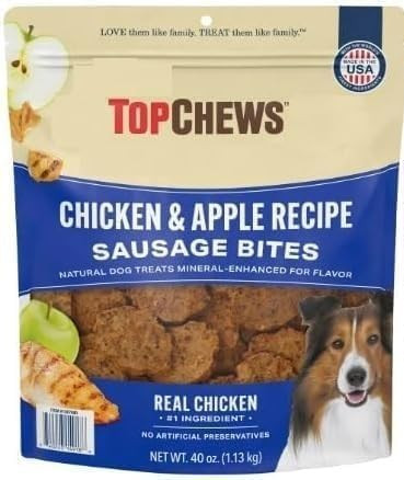 【 from GreenFoods】 Top Chews Chicken & Apple Sausage Bites, Proudly Made in USA, Net Weight. 2.5 lbs - 100% Natural Dog Treats, and No Artificial Preservatives.