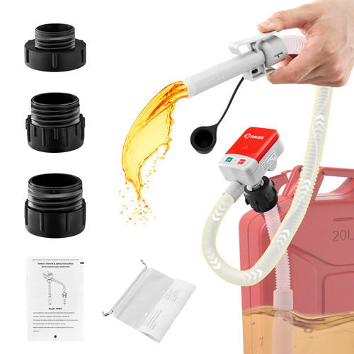 Saker Fuel Transfer Pump Battery Powered, Automatic Portable Fuel Pump with Auto-Stop, 51'' Extra Long Hose, 3.2 Gallon per Min, 3 Can Adapters, for Gasoline, Diesel and Oil