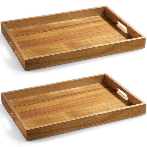 2 Pack Acacia Wood Serving Tray with Handles - 17 Inch Large Wooden Tray for Ottoman, Breakfast in Bed, Dinner, Coffee Table