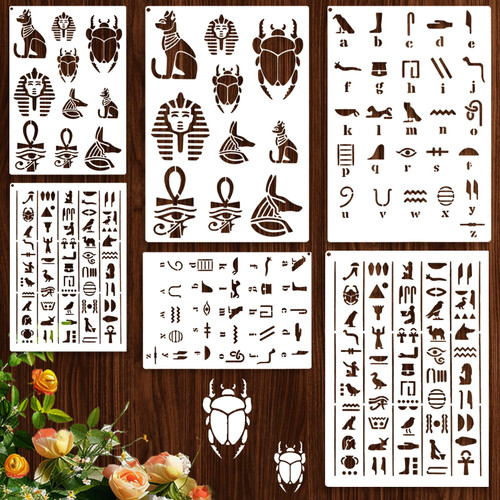 LIQWEI 6Pcs Stencils for Painting, Wood Burning Kit, Egyptian Hieroglyphs Stencils Engraving Stencil, African Masks Wall Decor Stencil for Crafts for Wood Burning, Bookmark, Crafts, Art, DIY