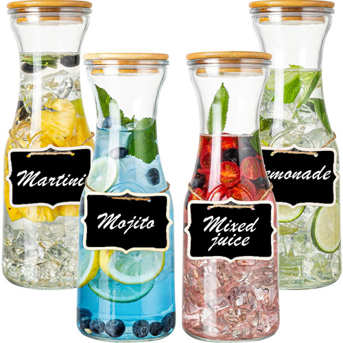 Glass Carafe Pitchers with Bamboo Lids, 4 pcs 1 Liter Beverage Serveware Pitcher Carafe Set for Mimosa Bar, Juice Container for Brunch, Cold Water, Juice -With 4 Wooden Chalkboard Tags