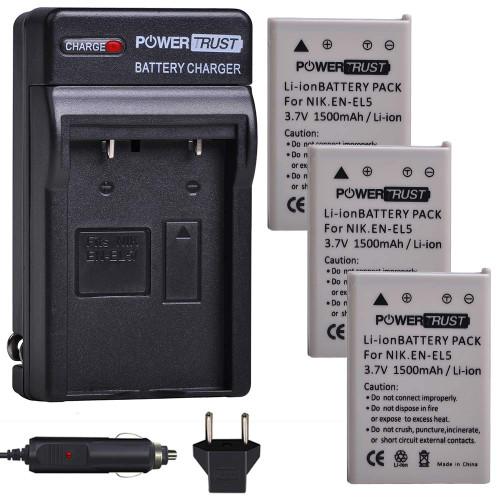 PowerTrust 3X EN-EL5 EL5 Battery and Fast Charger Kits for Nikon ENEL5 CoolPix 3700, 4200, 5200, 5900, 7900, P3, P4, P80, P90, P100, P500, P510, P520, P530, P5000, P5100, P6000, S10 Digital Camera