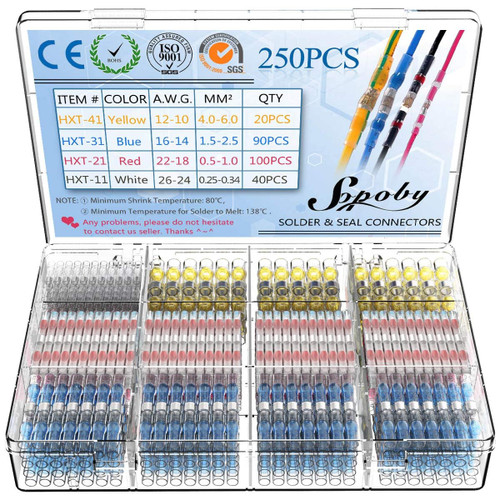 Sopoby 250PCS Solder Seal Wire Connectors Insulated Waterproof Electrical Wire Terminals Heat Shrink Solder Butt Connectors Kit for Automotive Marine