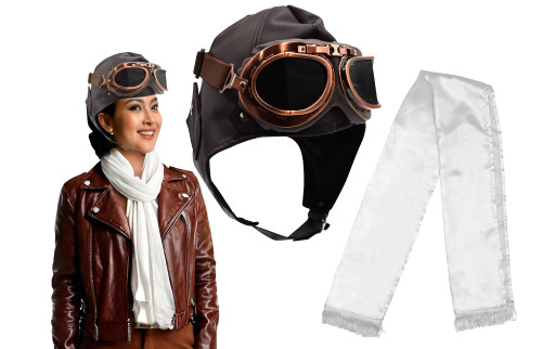Nicky Bigs Novelties Adult Deluxe Brown Vinyl Vintage Pilot Aviator Helmet Goggles and Scarf Costume Set
