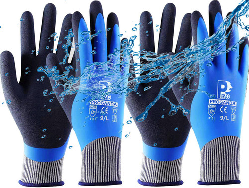 PROGANDA 2 Pairs Waterproof Work Gloves Superior Grip Gardening Gloves (Blue -2 Pairs Waterproof, Medium 2 Pairs)