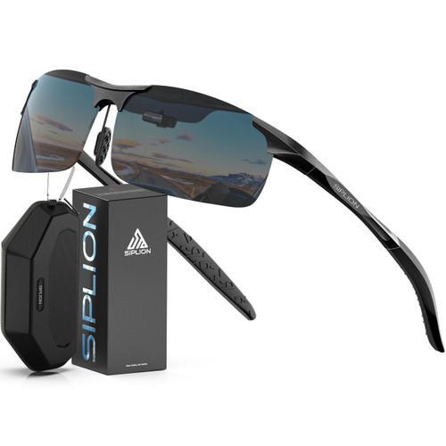 SIPLION Men's Polarized Sport Sunglasses - Ultra-Light Al-Mg Metal Frame for Driving boating fishing hiking - 8177 Black