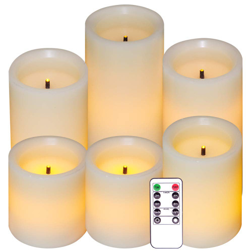 Eldnacele LED Flameless Flickering Candles Optical Fiber Wick with 10-Key Remote Control Timer, Battery Operated Wax Candles Set of 6 Decoration(D3 x H3 4" 5" 6" 7")