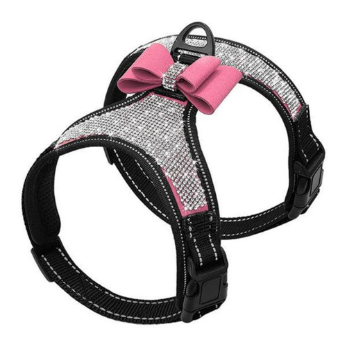 Beirui Rhinestone Dog Harness - Reflective Bling Nylon Dog Vest with Sparkly Bow Tie for Small Medium Large Dogs Walking Party Wedding,Pink,M