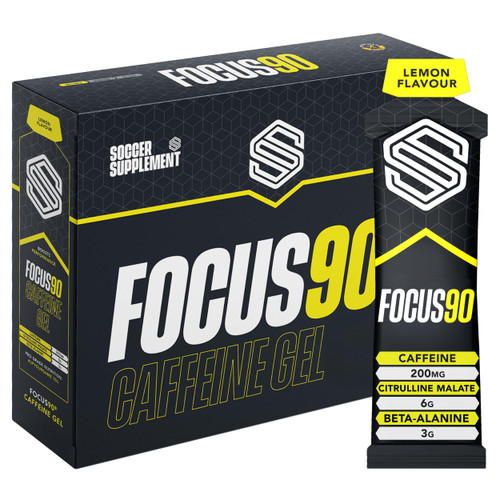 Soccer Supplement Focus90 Caffeine Energy Gels (12 Pack), Quick Release Pre Workout & Running Gels with Beta Alanine & Citrulline Malate, Lemon Flavour Soccer Supplement Focus90 Caffeine Energy Gels (12 Pack), Quick Release Pre Workout & Running Gels with Beta Alanine & Citrulline Malate, Lemon Flavour