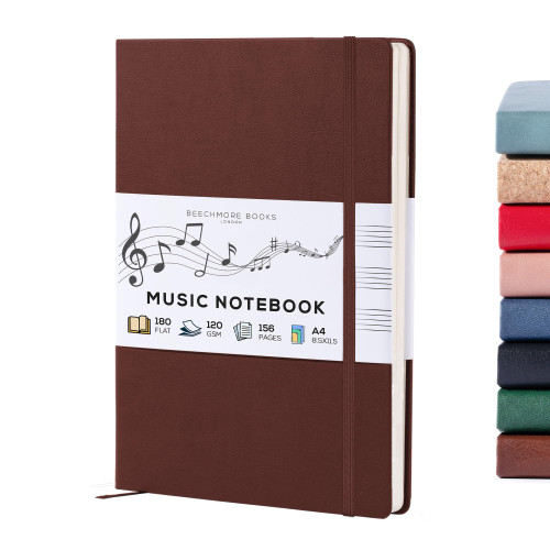 BEECHMORE BOOKS Blank Sheet Music Notebook – A4 8.5x11.5 for Songwriters, Musicians & Composers, 156 Thick 120gsm Pages, 10-Staff Perforated Sheets, Vegan Leather Hardcover, Elastic Closure, Gift Box