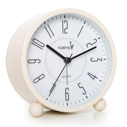 FLOITTUY Super Silent Metal Alarm Clock,Beep Wake Round Alarm Clock with Night Light,Battery Operated,Easy Set,Simple & Retro for Desk, Bedroom and Home Decoration(Creamy White)