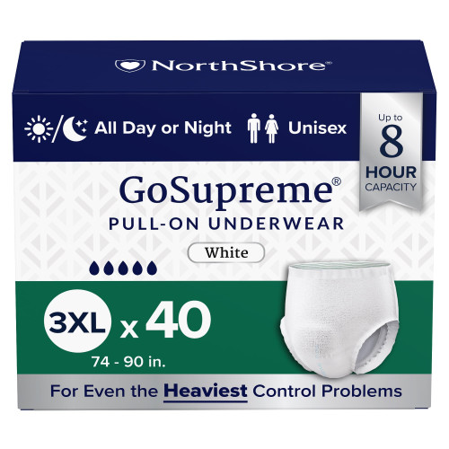 NorthShore GoSupreme Overnight Pull-On Underwear, 8-Hour Leak Protection, 3X-Large, 40-Count Case, White, (74-90 in Waist), Unisex Adult Diapers