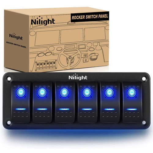 Nilight-90111F 6 Gang Aluminum Rocker Switch Panel Toggle Dash 5 Pin ON/Off Pre-Wired Rocker Switch Blue Backlit Switch for Automotive Car Marine Boat RV,2 Years Warranty