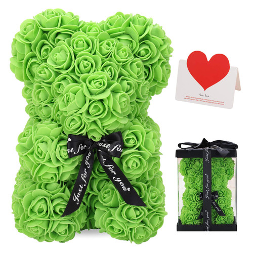LINKLO Rose Bear Rose Teddy Bear -10 inch Artificial Rose Flower Bear, Gift for Wedding, Mothers Day and Anniversary, Including Transparent Gift Box (Green)