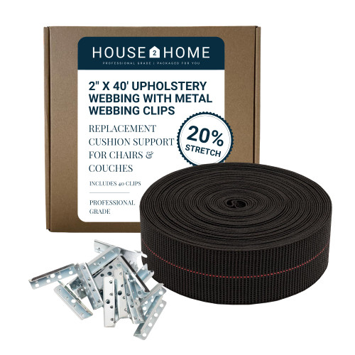 House2Home Replacement Elastic Webbing Kit to Repair Sagging Couch, Chair, Patio Furniture, Includes Installation Instructions, 2 Inch Wide x 40 Ft. Strap Metal Webbing Clips