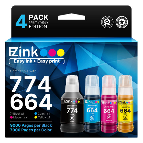 E-Z Ink Remanufactured 774 664 Ink Refill Bottles Replacement for Epson 664 Ink Refill Bottles T774 for L100 ET-3600 ET-2650 ET-4550 ET-16500 ET-4500 ET-2550 ET-2600(Black Cyan Magenta Yellow,4 Pack)