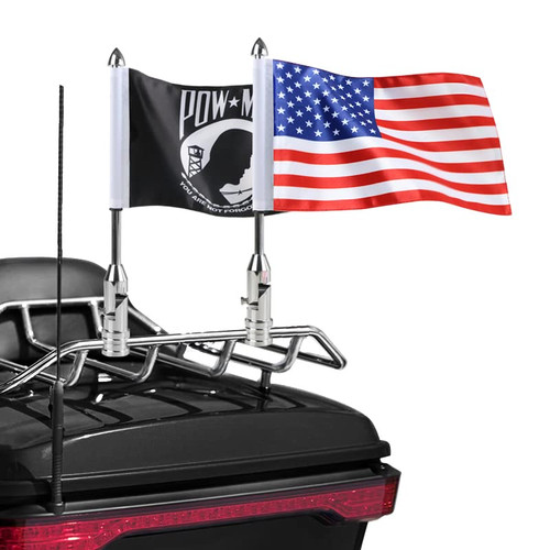 2 Pack Motorcycle Flag Pole Fold Down 90° with American Flag and Pow-mia Flag 6.7'' x 10.2'' Flag Pole Holder Bracket Fit for 1/2'' Tubular Luggage Rack For Harley Touring Spring Honda Goldwing etc