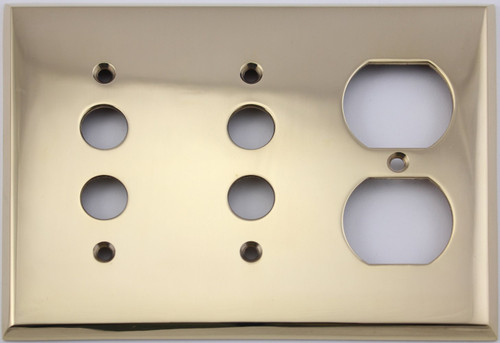 Unlacquered Polished Brass 3 Gang Combination Switch Plate - 2 Push Button Light Switch Openings 1 Duplex Outlet Opening
