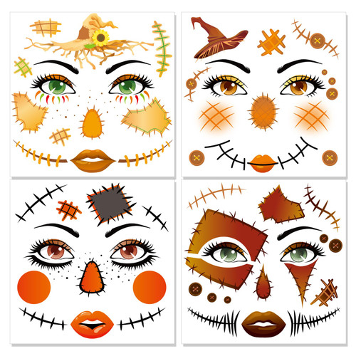HOWAF 4 PCS Halloween Face Tattoos Scarecrow Temporary Tattoos Stickers for Scarecrow Costume Carnival Halloween Costume Women Men HOWAF 4 PCS Halloween Face Tattoos Scarecrow Temporary Tattoos Stickers for Scarecrow Costume Carnival Halloween Costume Women Men