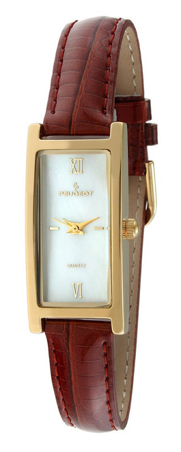 Peugeot Women's Slim 14K Gold Plated White Mother of Pearl Face Roman Numeral Brown Leather Thin Strap Dress Watch 3017BR