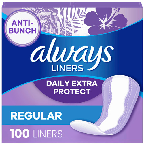 Always Anti-Bunch Xtra Protection, Panty Liners For Women, Light Absorbency, Regular Length, Leakguard + Rapiddry, Unsented, 100 Count (Packaging May Vary)