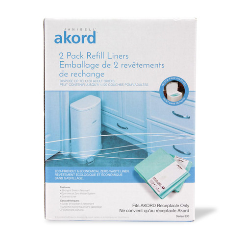 AKORD Janibell 330 Refill Liners 2-Pack for Adult Brief Disposal Pails, Lightly Scented, Stretch-Resistant, Zero-Waste Continuous Liner System