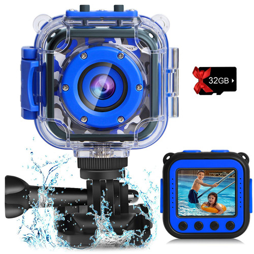 PROGRACE Kids Waterproof Camera - Birthday for 3-12 Year Old Boys 1080P HD Underwater Video Camera for Kids Pool Toys Toddler Digital Cameras with 32GB SD Card Blue