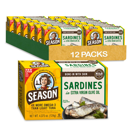 Season Sardines in Extra Virgin Olive Oil - Wild Caught, 22g of Protein, Keto Snacks, More Omega 3's Than Tuna, Kosher, High in Calcium, Canned Sardines - 4.37 Oz Tins, 12-Pack