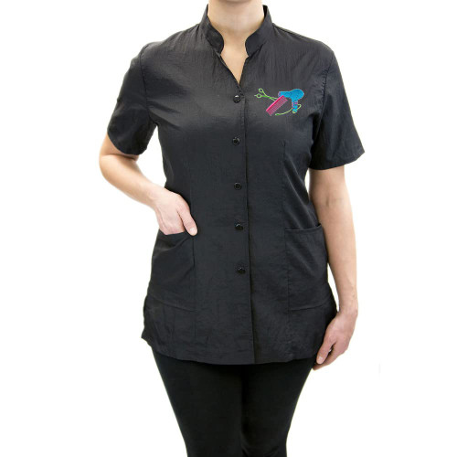 CHARLENE Anna Jacket Short-Sleeve Salon Uniform (DS Logo) | Hair Stylist Nylon | Water-Repellant | Machine Wash | Snap Closure (M, BLACK)