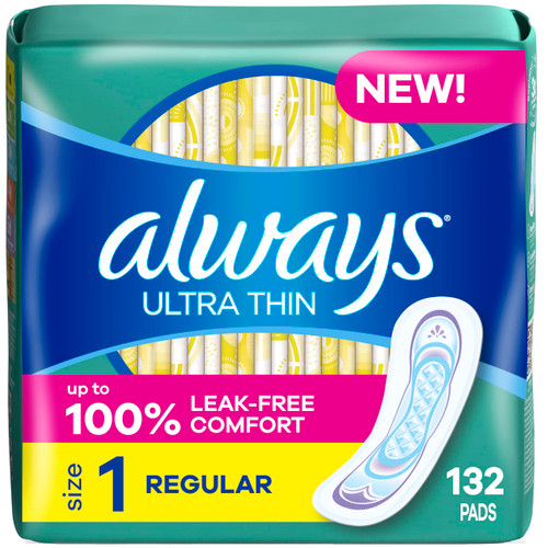 Always Ultra Thin Pads without Wings, Size 1, Regular, 132 Count (3 Packs of 44)